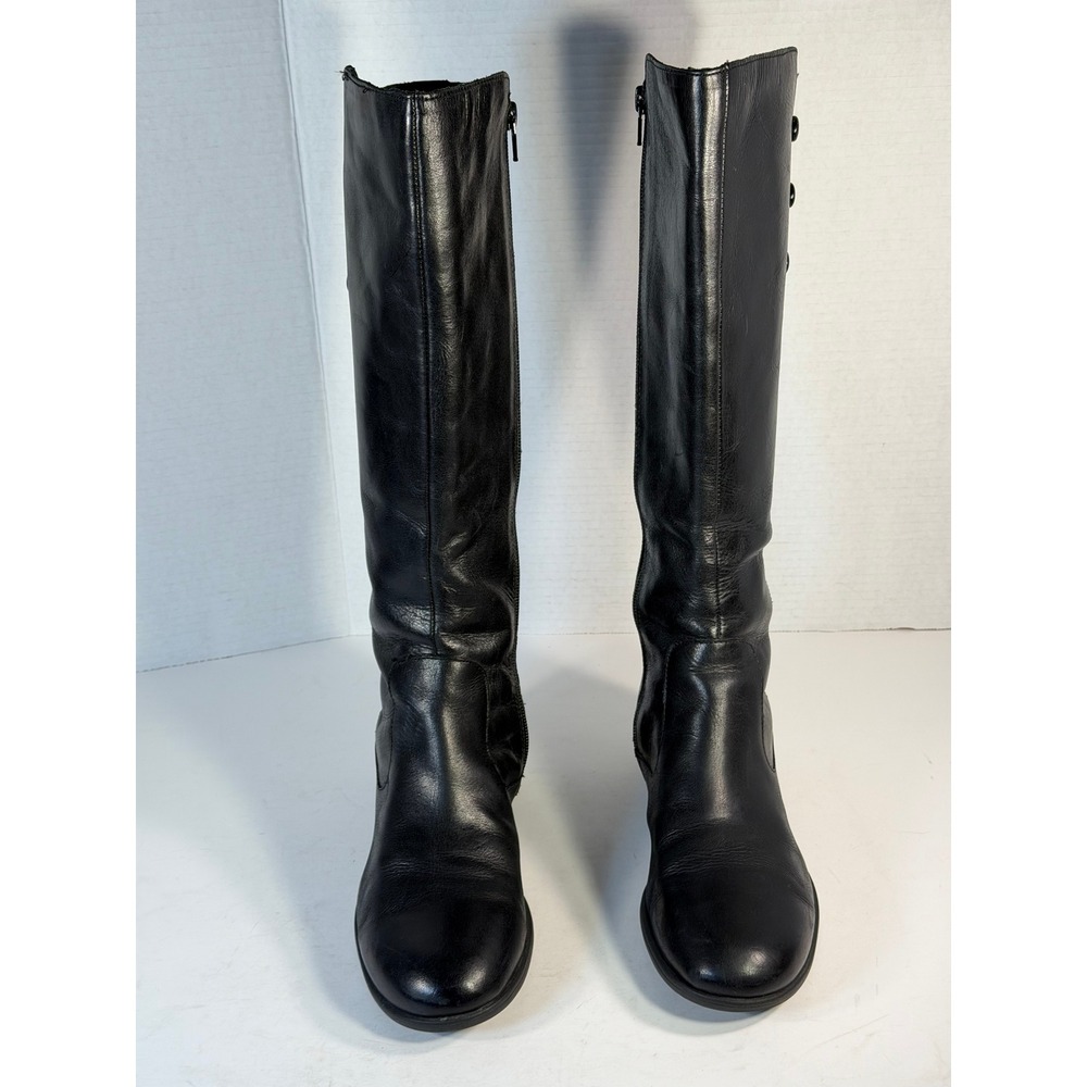 Born Womens Black Leather Tall Riding Boots Button Detail Block Heel Zip Up